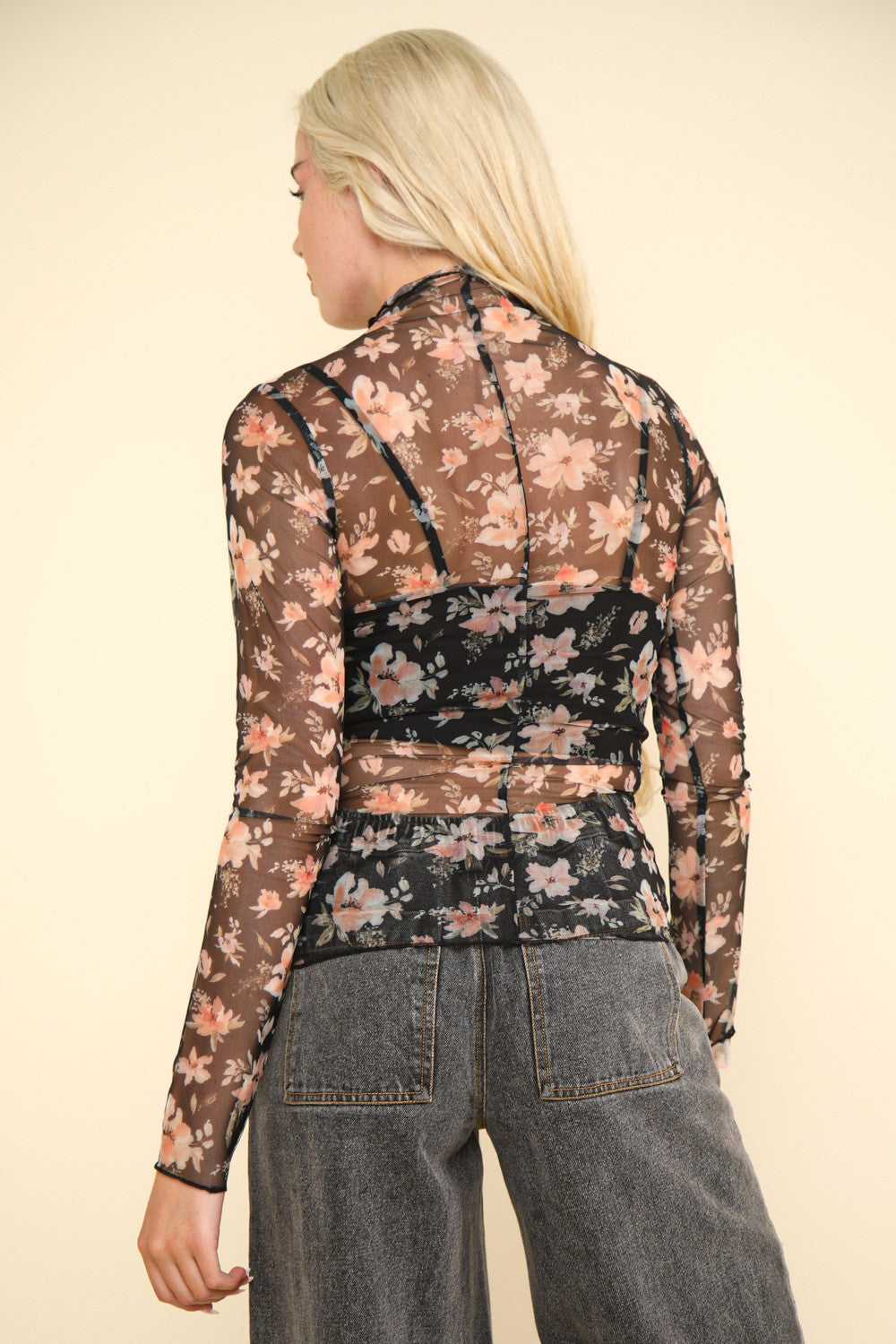 High Neck Fitted Sheer Mesh Lace Knit Top