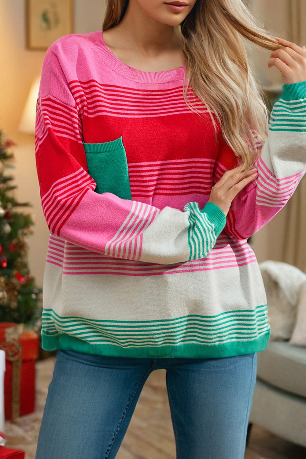 Striped Knit Patch Pocket Drop Shoulder Sweater