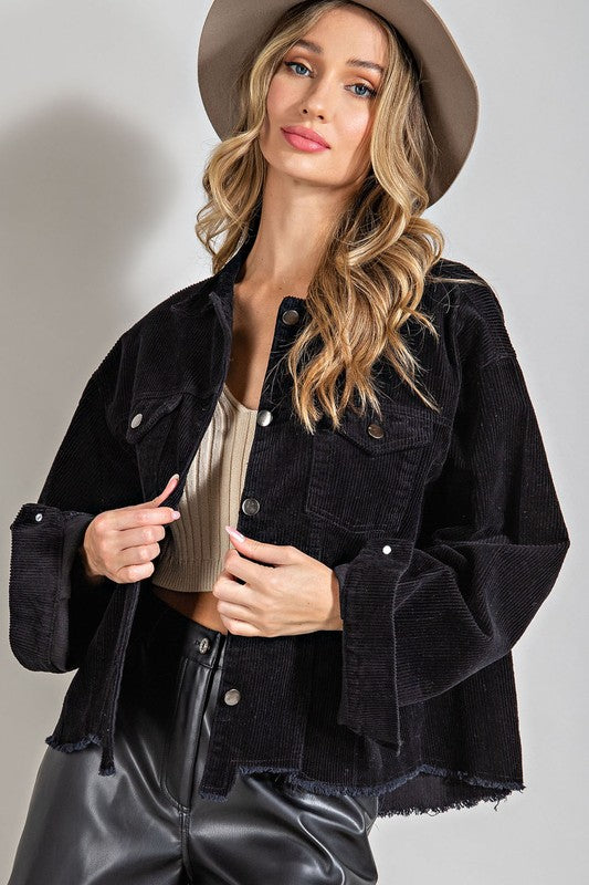 Black Distressed Corduroy Shacket
