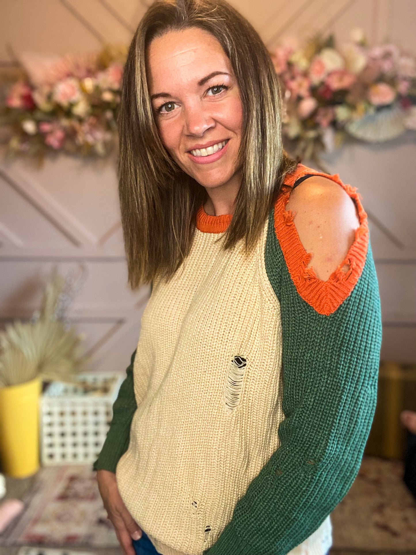 Cold Sholder Color Block Sweater