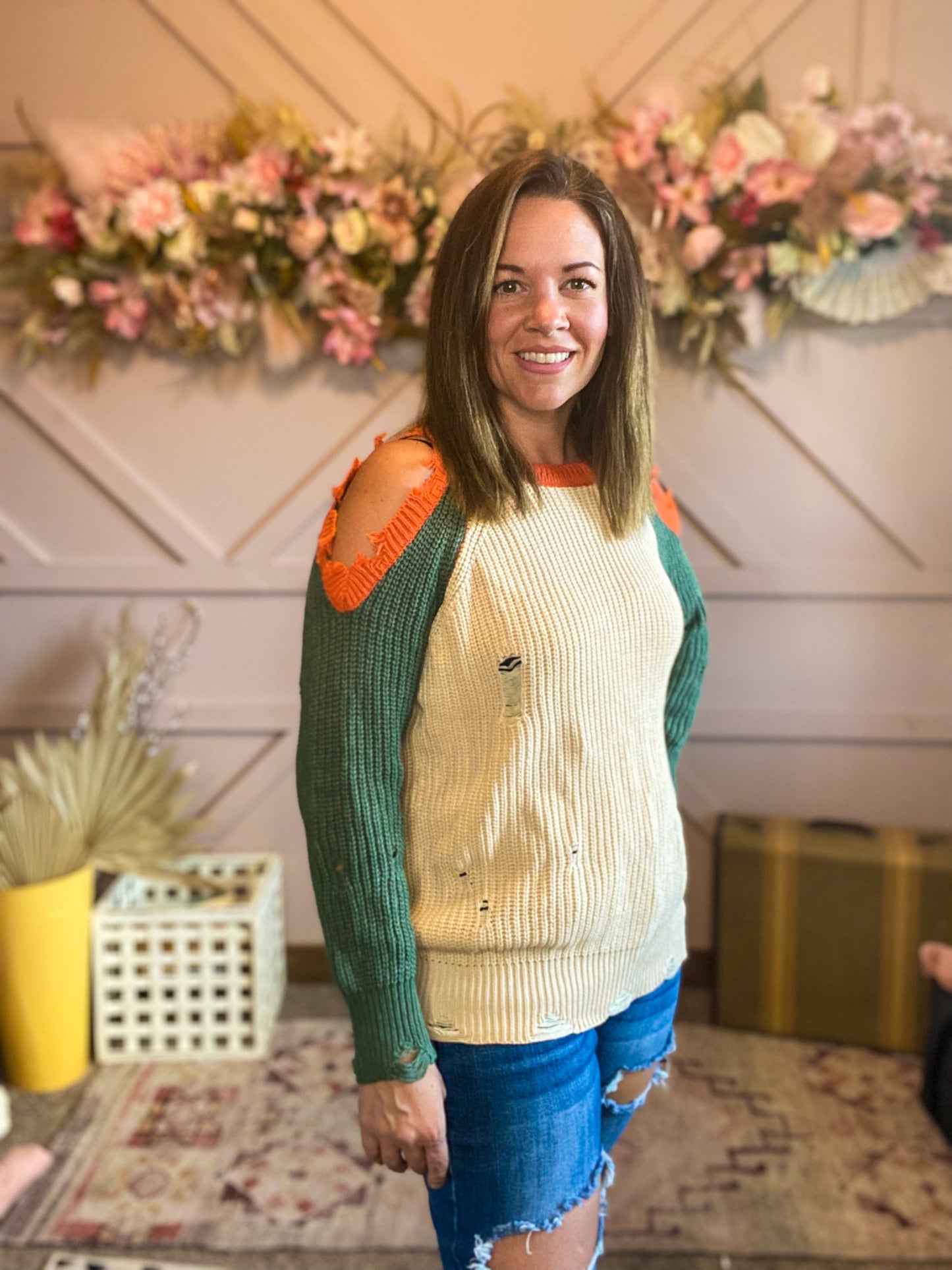Cold Sholder Color Block Sweater