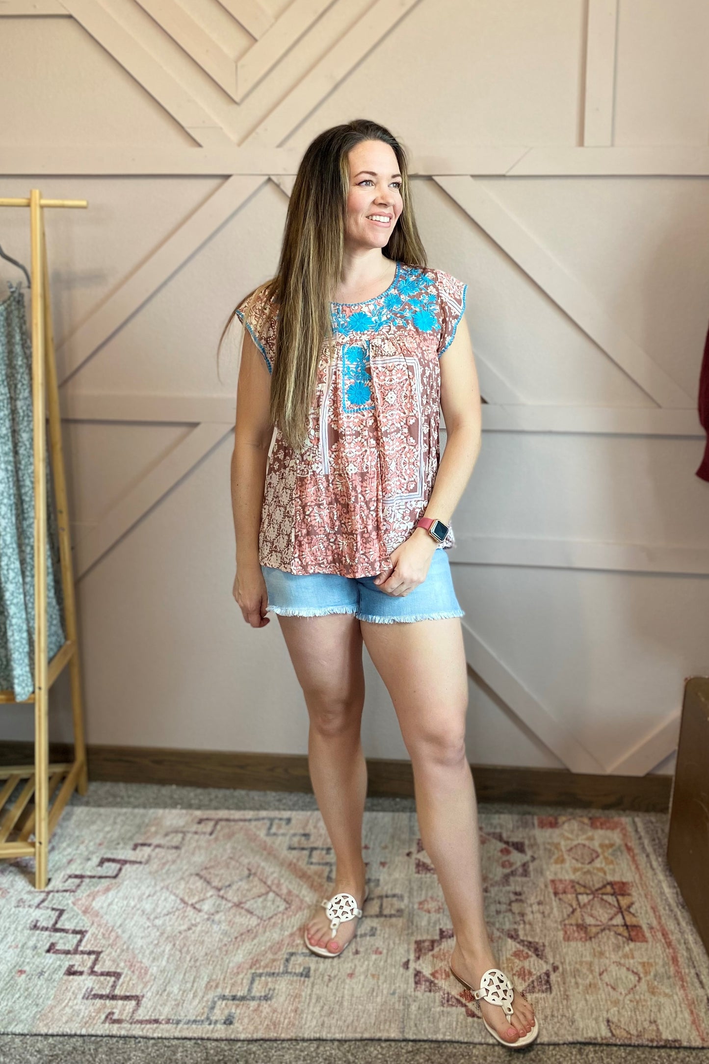 Turquoise Floral Flutter Top