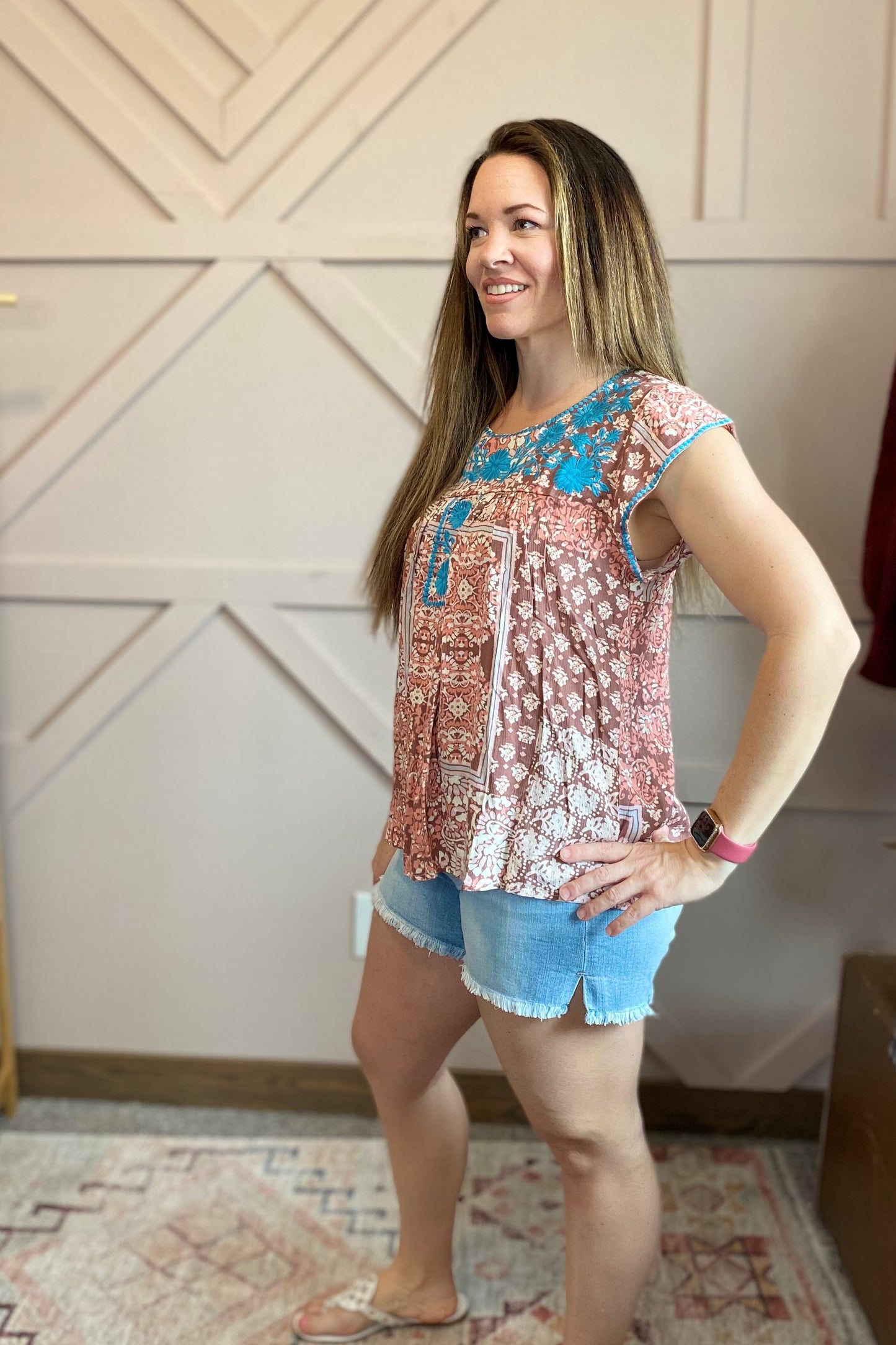 Turquoise Floral Flutter Top