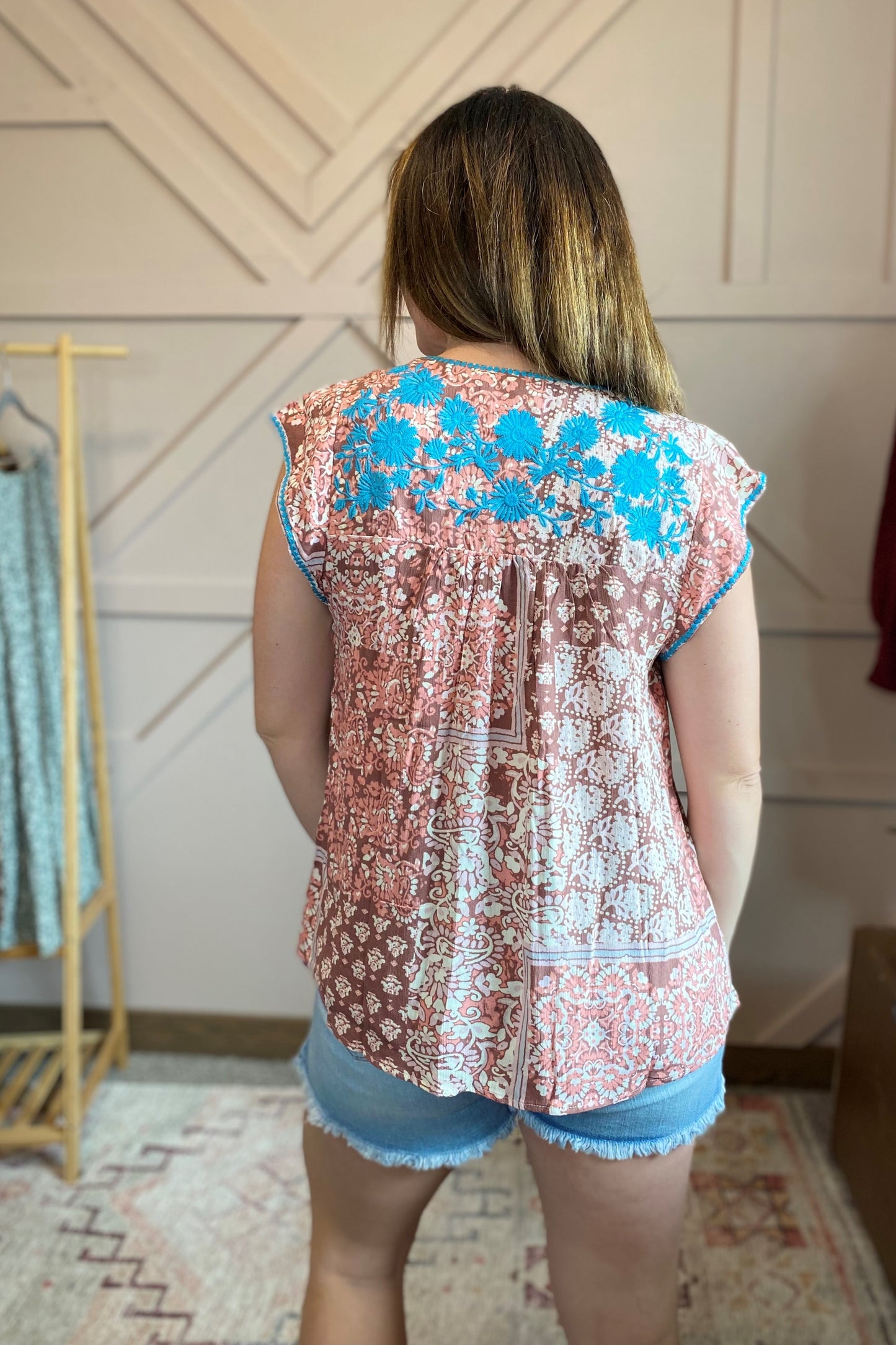 Turquoise Floral Flutter Top