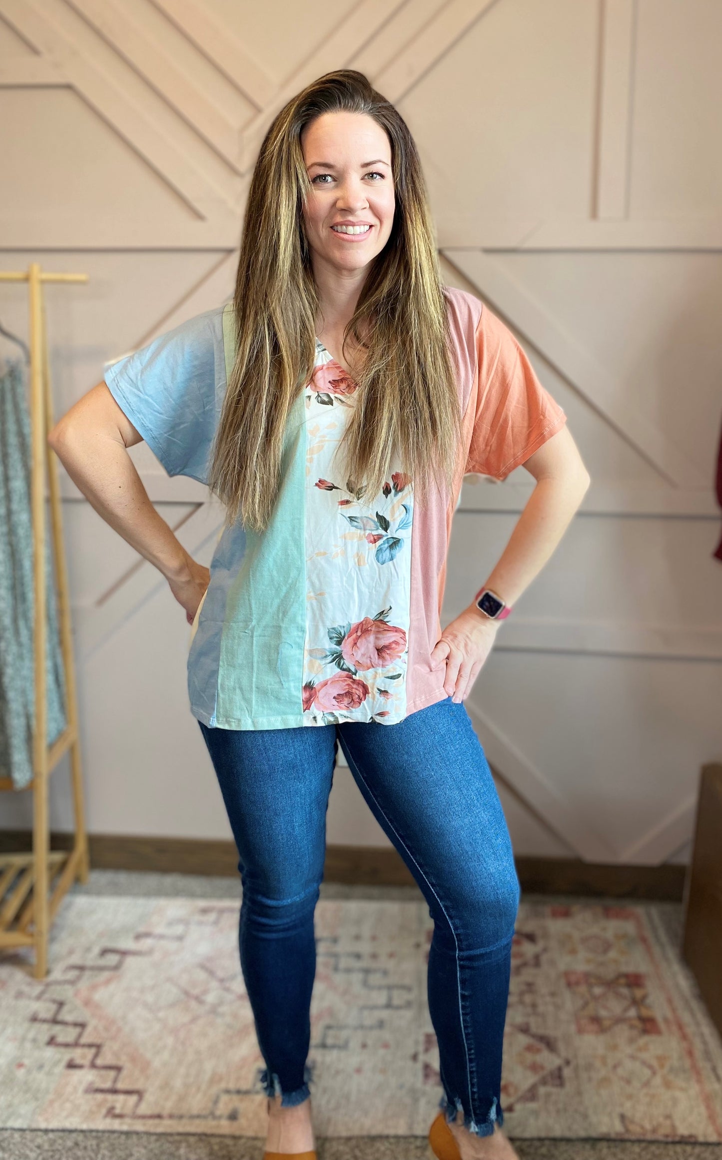 Floral Knit Color Block Top