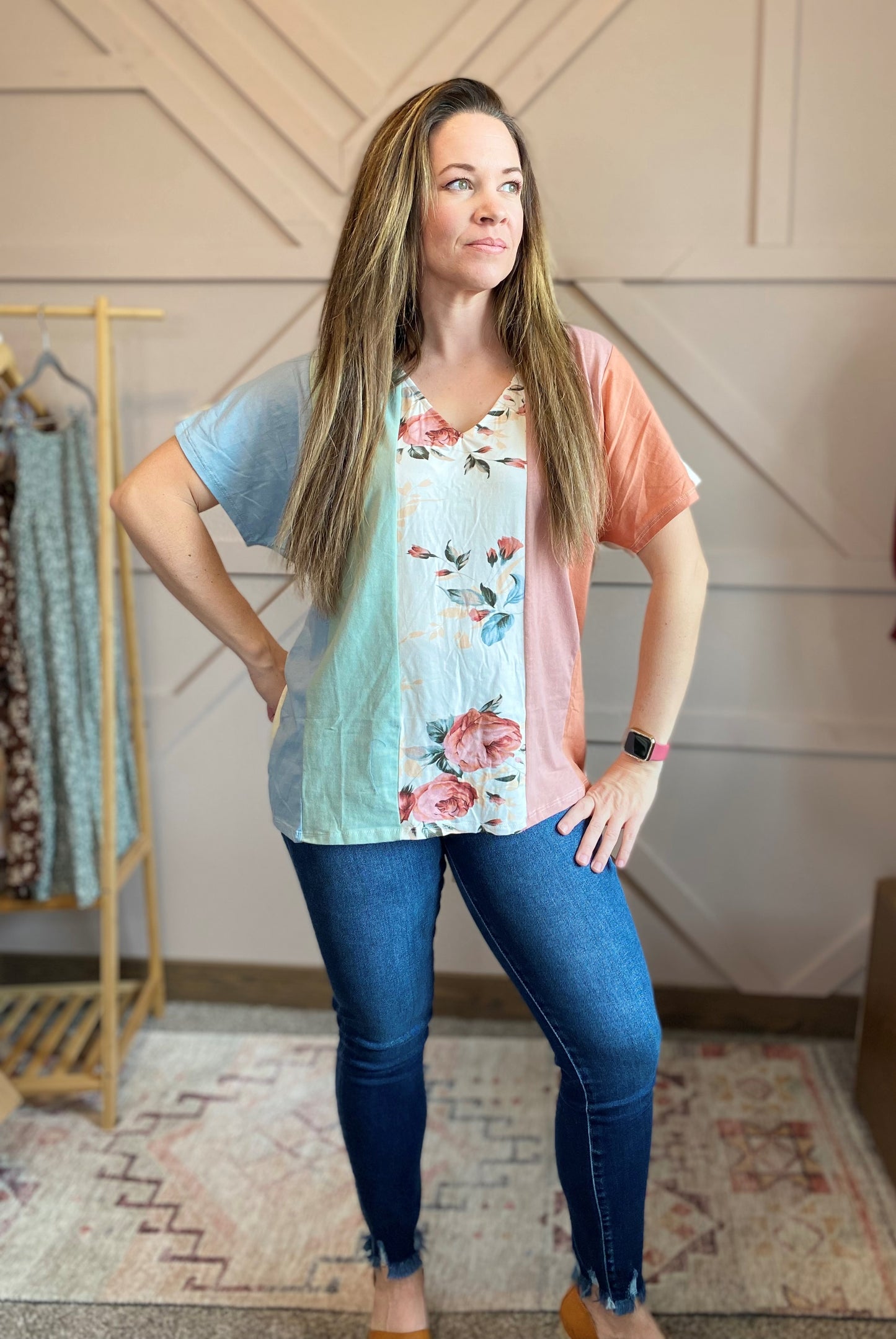 Floral Knit Color Block Top
