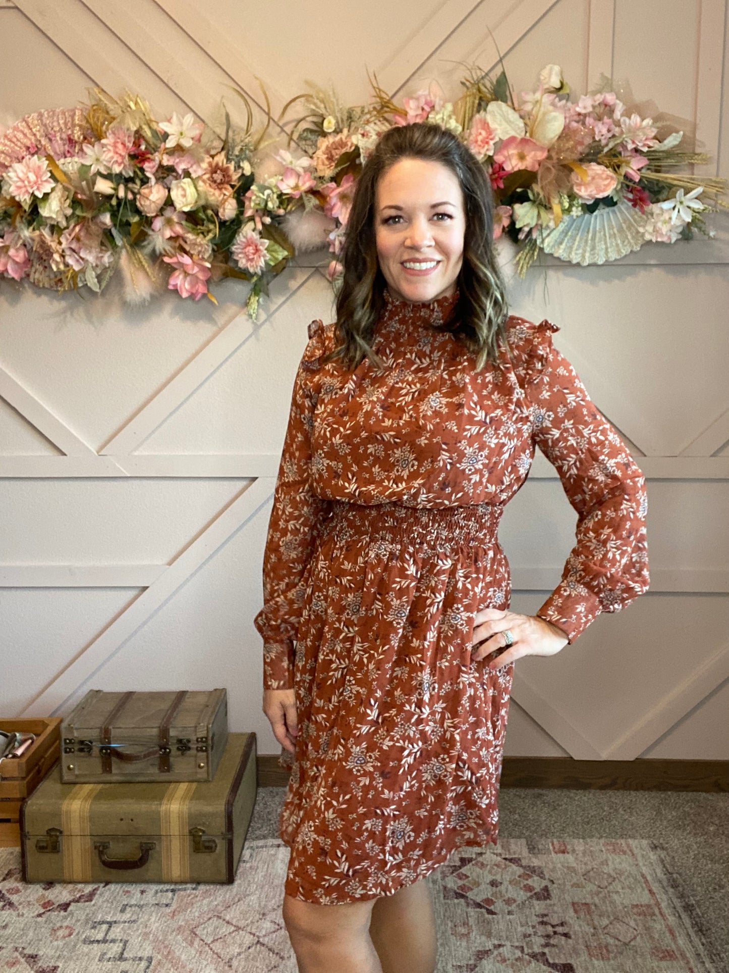 Smock Neck Floral Dress
