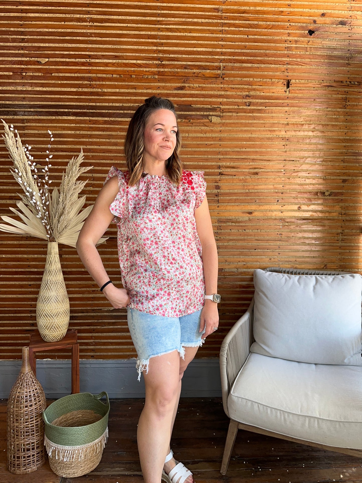 Red Pink Floral Embroidered Top