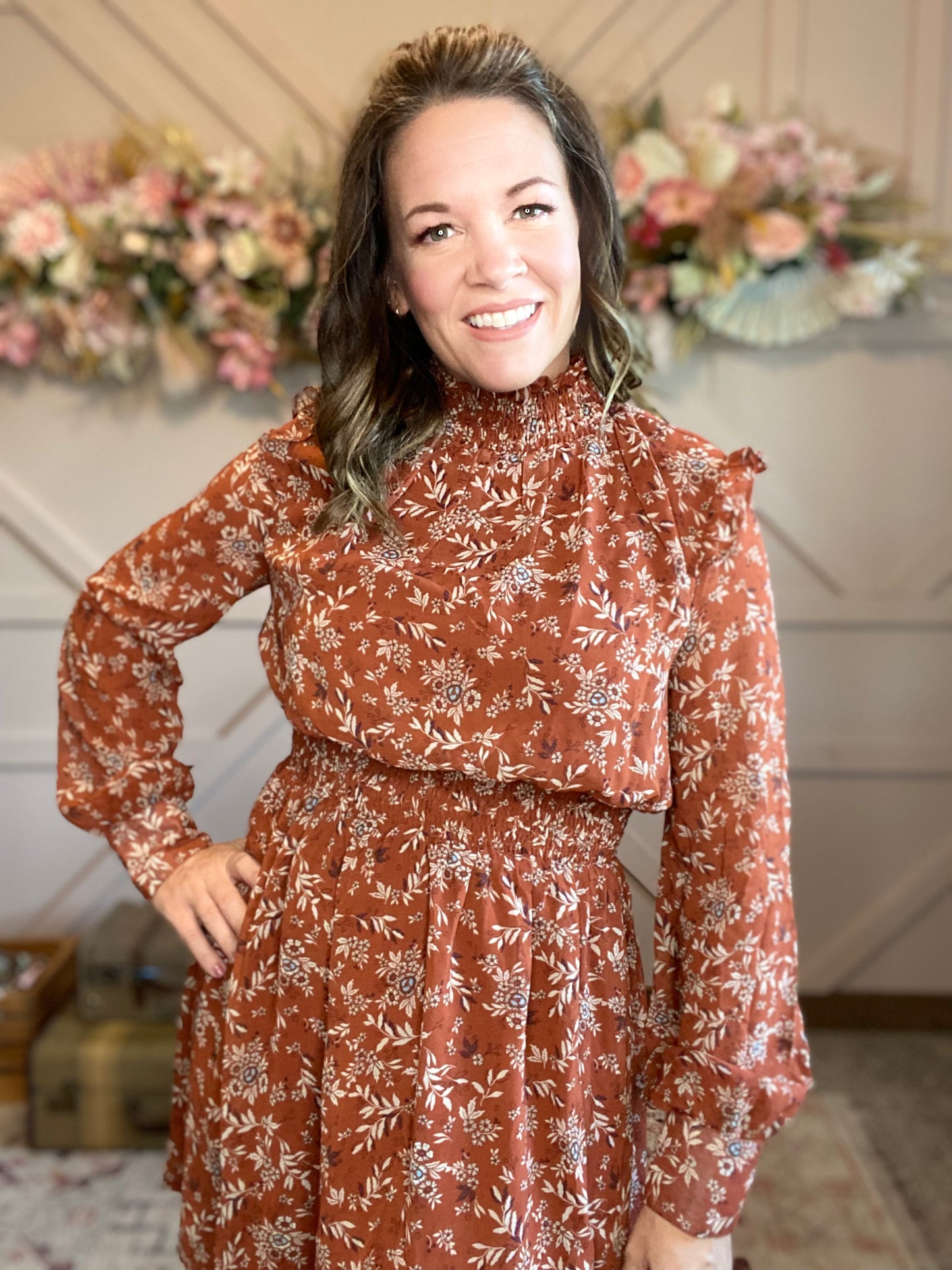 Smock Neck Floral Dress