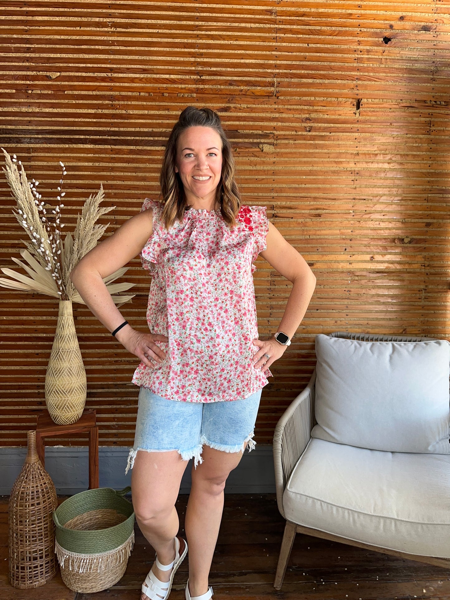 Red Pink Floral Embroidered Top