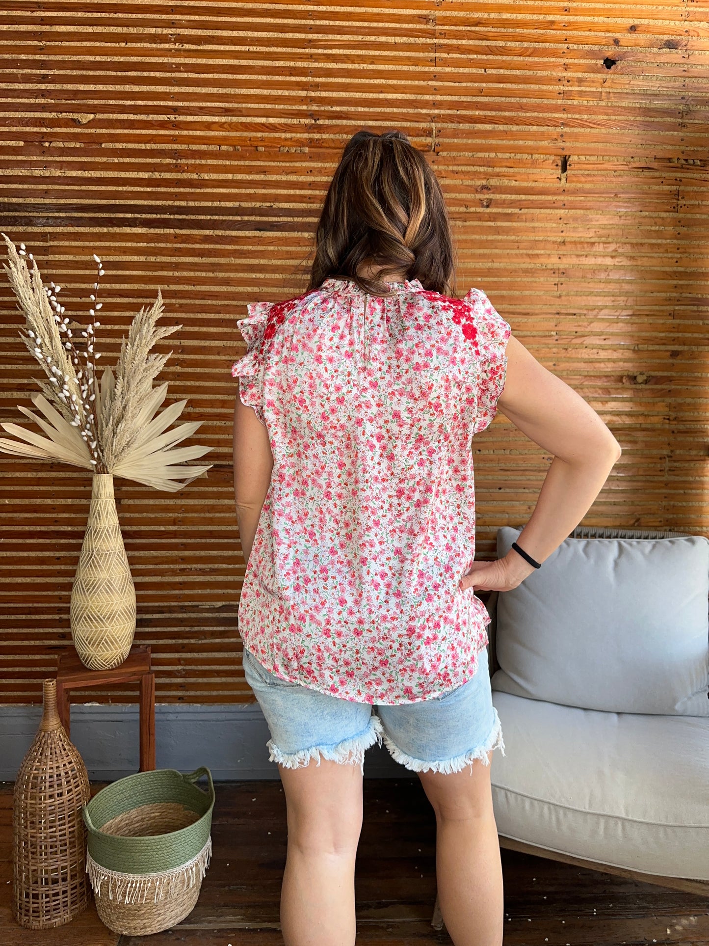 Red Pink Floral Embroidered Top