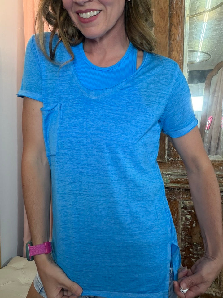 Laid Back Luxe Burnout Pocket Tee - Blue