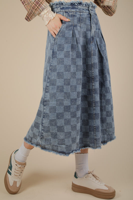 Washed Checkered Denim Midi Skirt