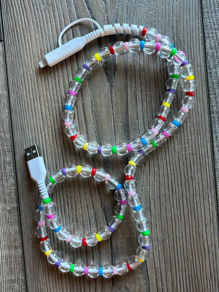 Beaded Phone Charger with Lightning & USB-C Cable: White Pearl