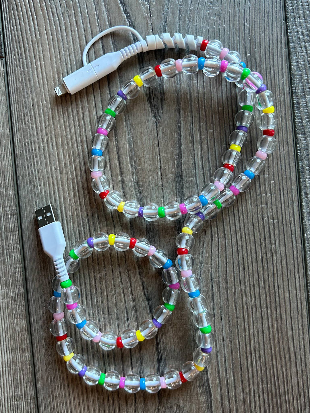 Beaded Phone Charger with Lightning & USB-C Cable: Pink and Coral