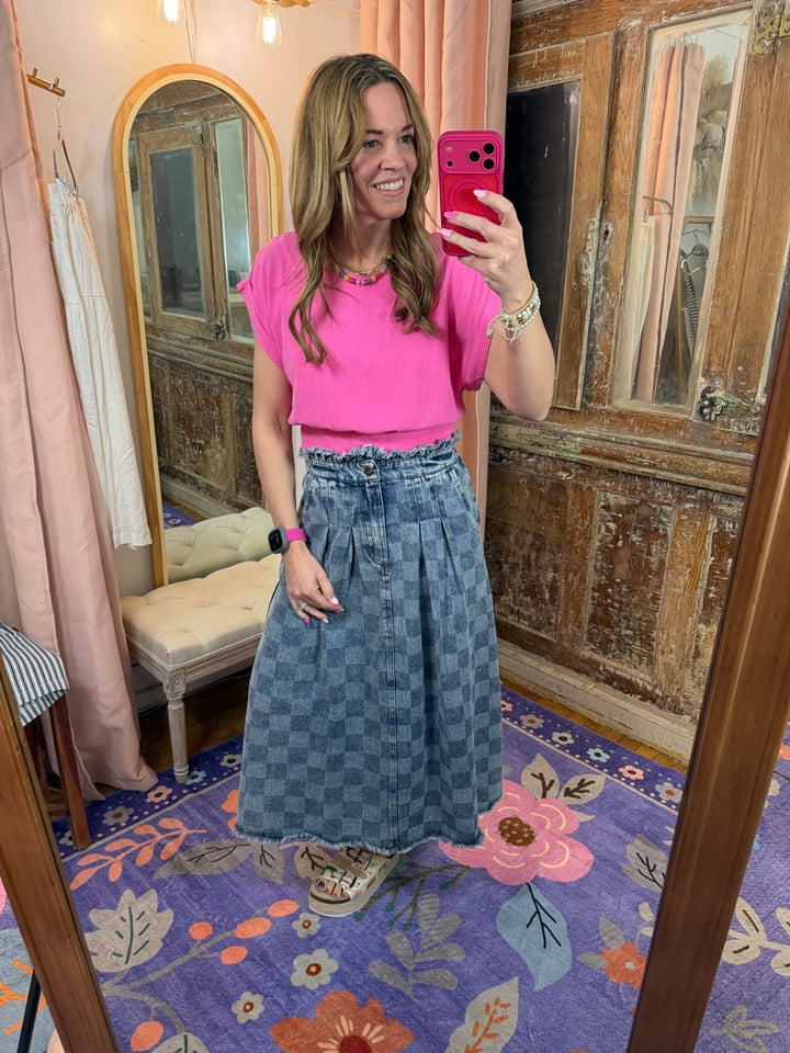 Washed Checkered Denim Midi Skirt