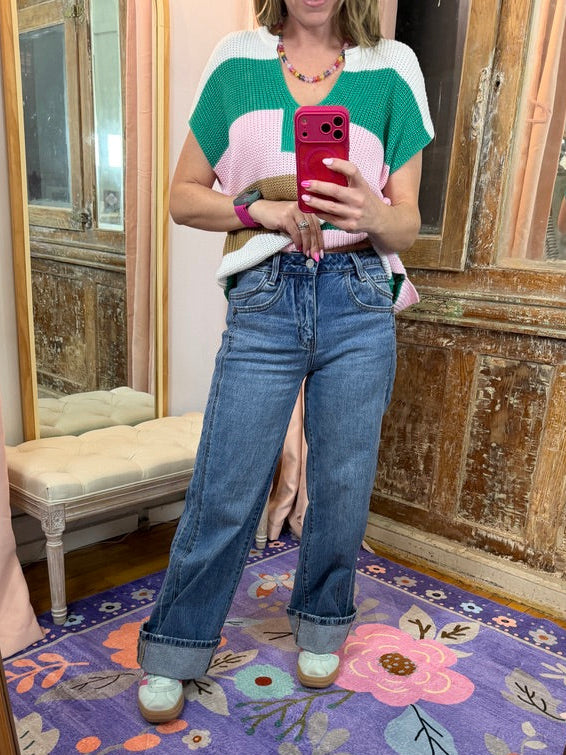 High Rise Cuffed Baggy Wide Jeans