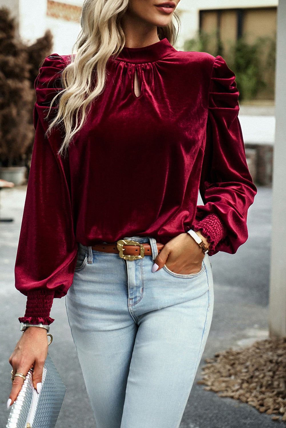 Puff Sleeve Velvet Blouse