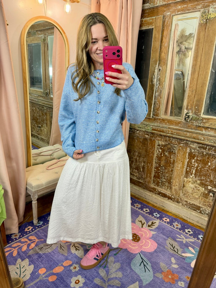Striped Button Up Cardigan - Blue