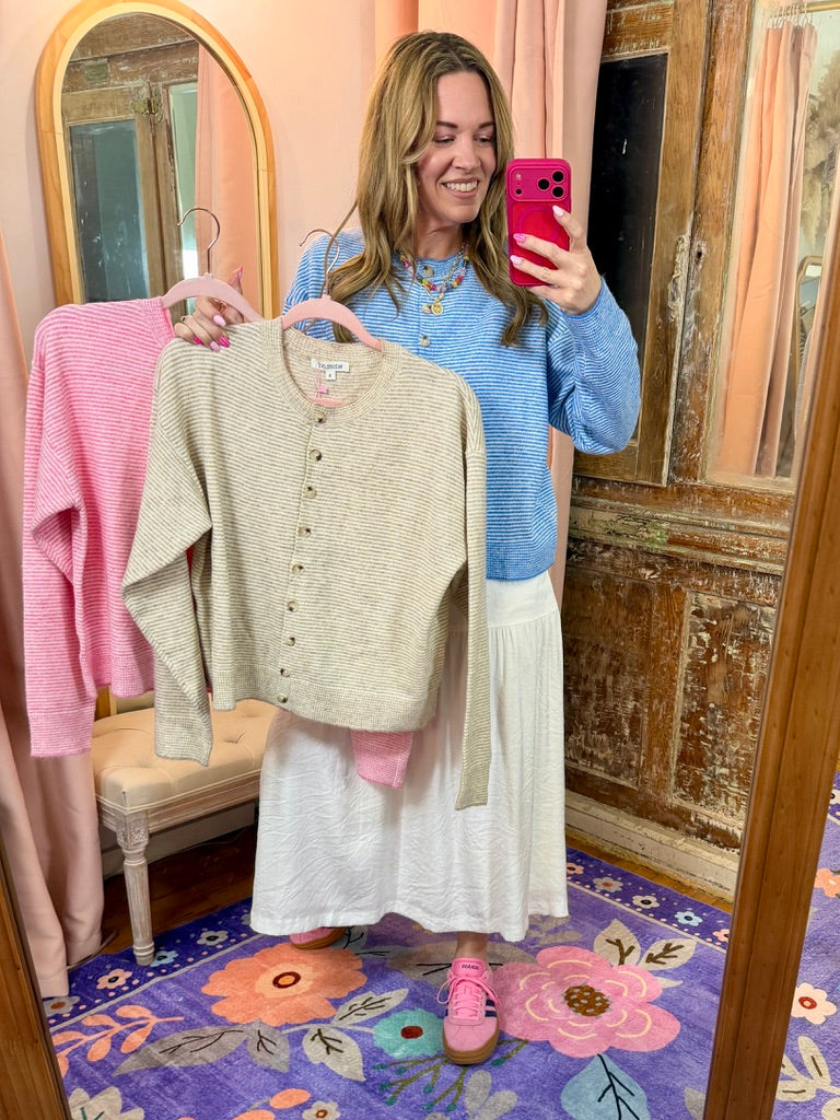 Striped Button Up Cardigan - Pink