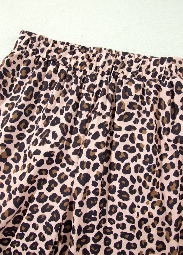 Beige Leopard Print Side Striped Detail Casual Wide Leg Pants: Beige / 100%Polyester / L