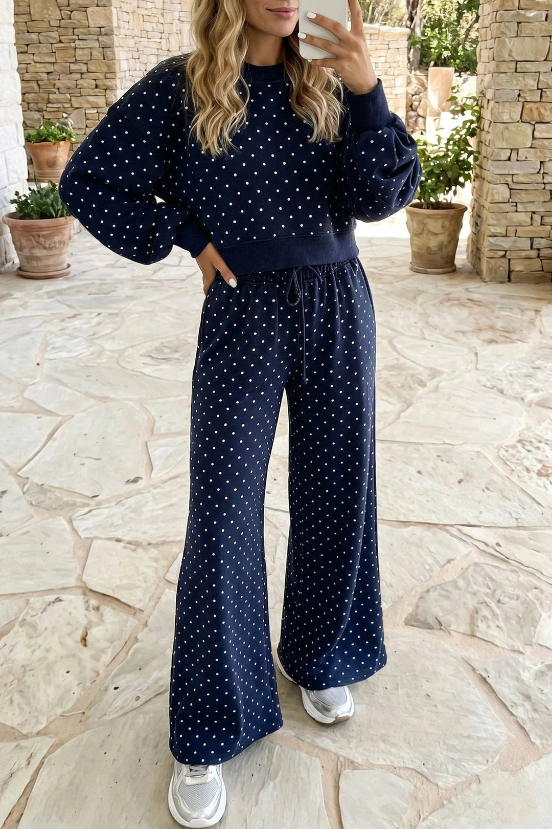 Polka Dot Drawstring Wide Leg Long Sleeve Top Pant Set: Red / 100%Polyester / L