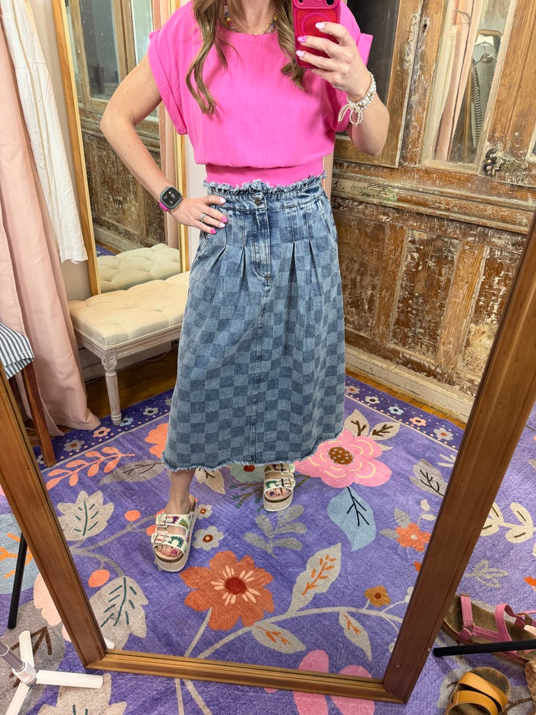 Washed Checkered Denim Midi Skirt