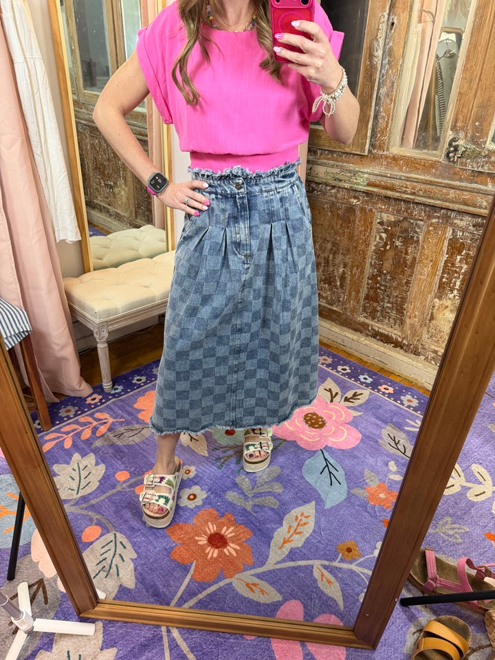 Washed Checkered Denim Midi Skirt
