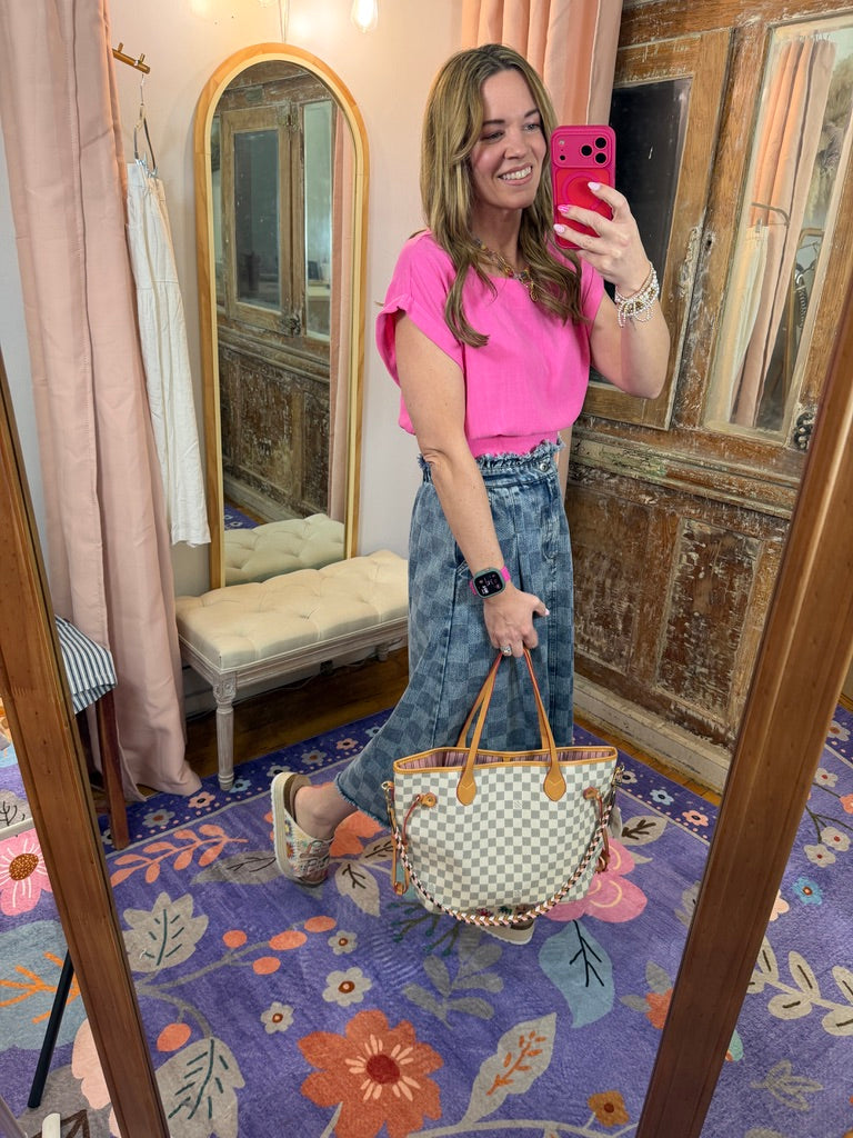 Washed Checkered Denim Midi Skirt