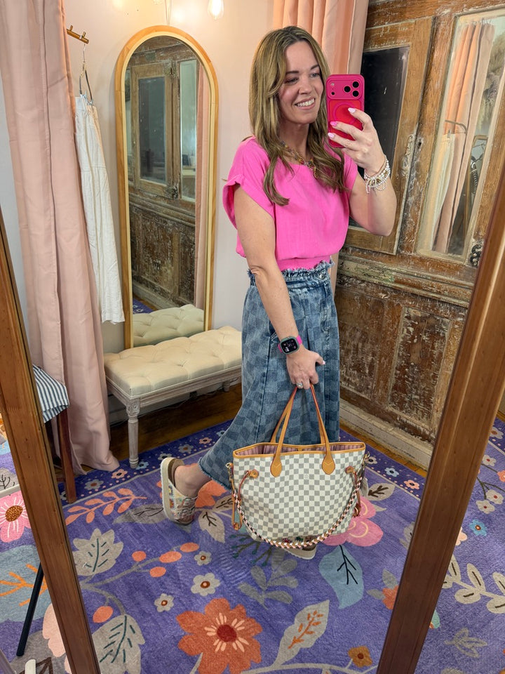 Washed Checkered Denim Midi Skirt