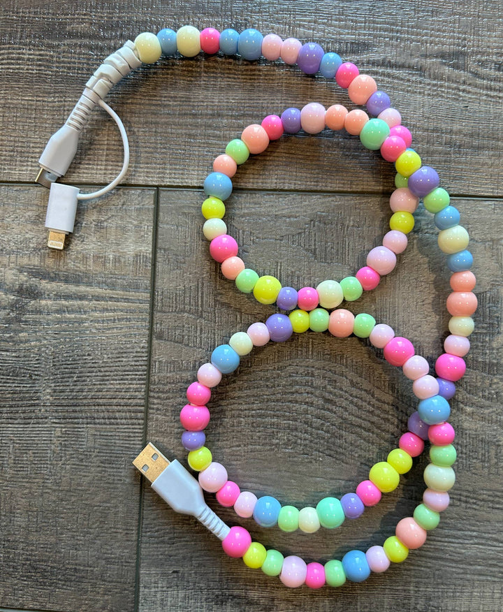 Beaded Phone Charger with Lightning & USB-C Cable: Pink and Coral