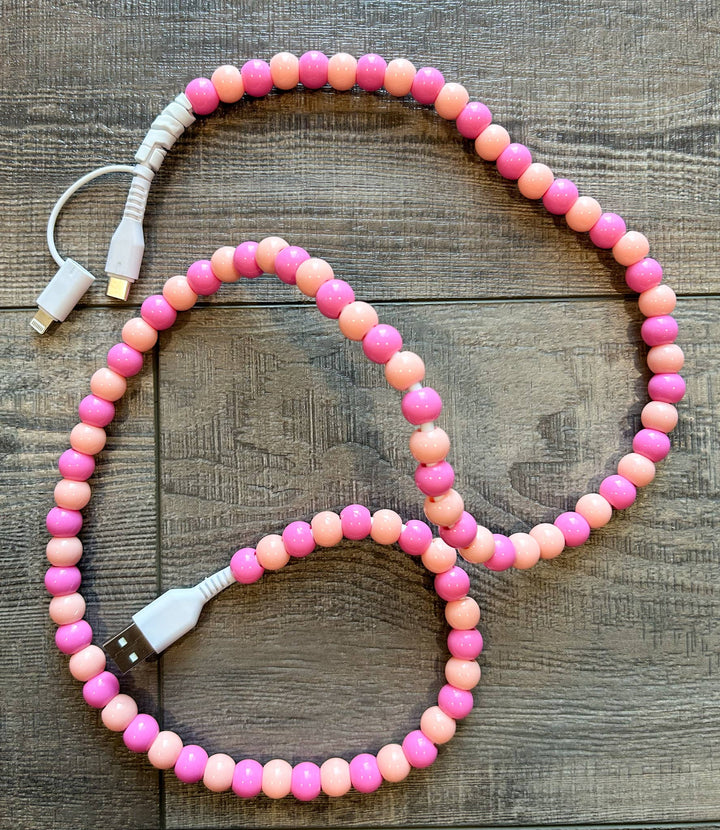 Beaded Phone Charger with Lightning & USB-C Cable: White Pearl