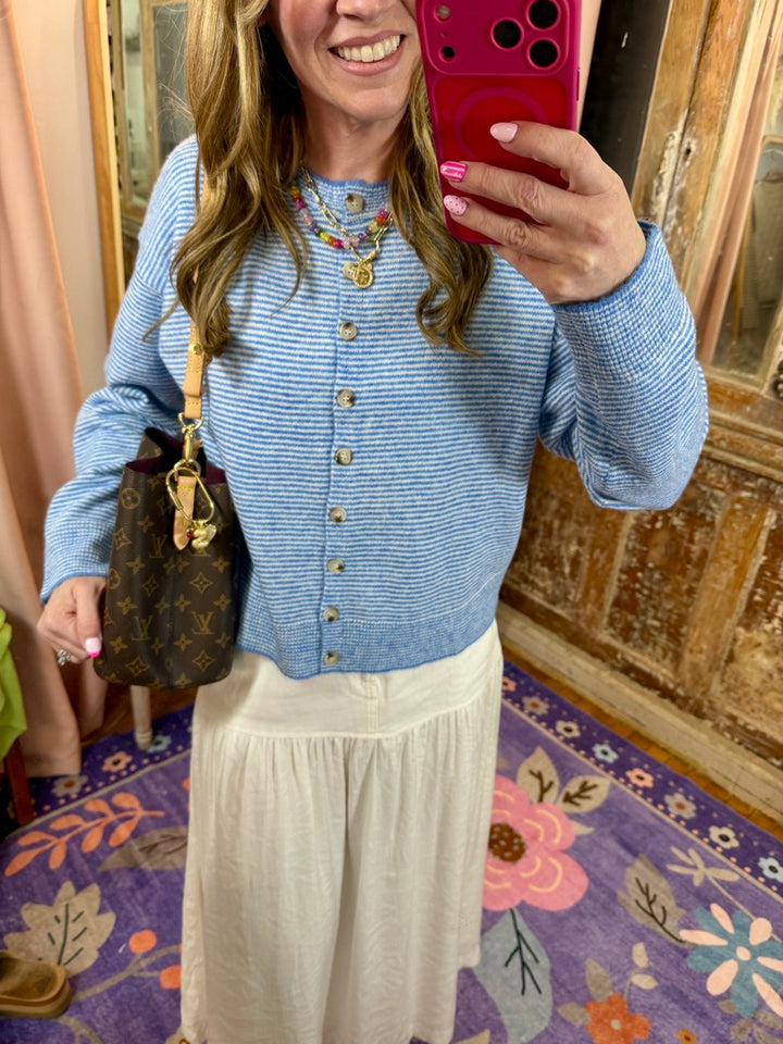 Striped Button Up Cardigan - Blue
