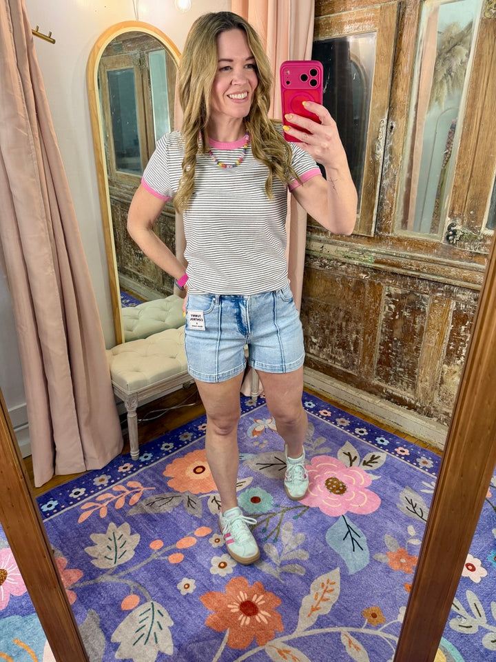 Striped Knit Tee- Pink/Black/White