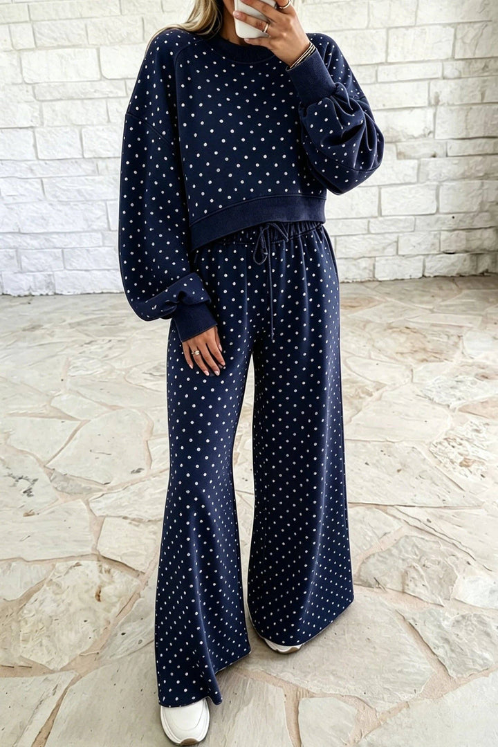 Polka Dot Drawstring Wide Leg Long Sleeve Top Pant Set: Red / 100%Polyester / L