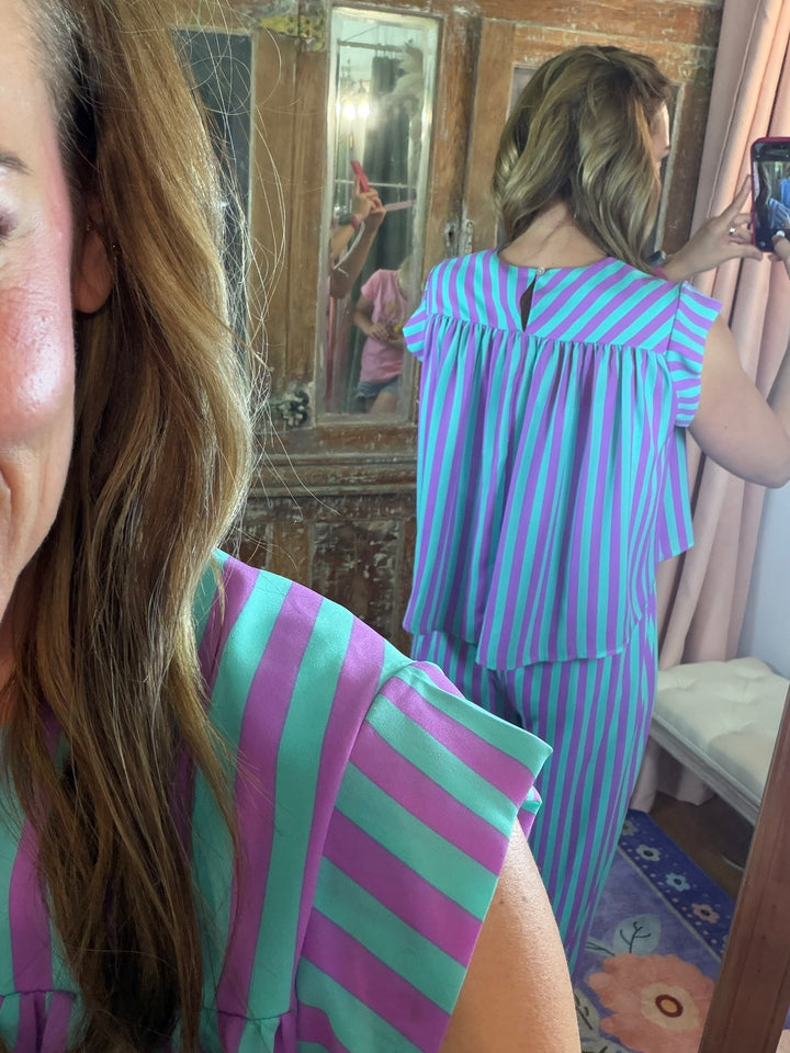 Purple Rain Stripe Flutter Top