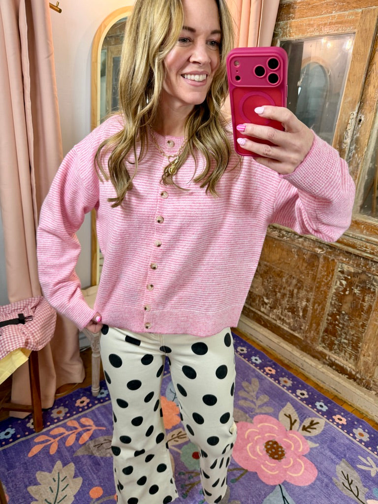 Striped Button Up Cardigan - Pink