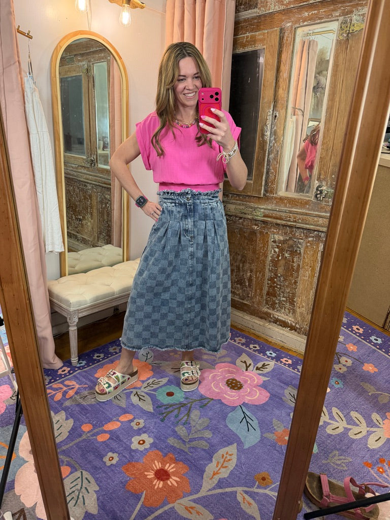 Washed Checkered Denim Midi Skirt