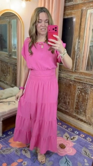 Two Piece Fuchsia Linen Skirt Set