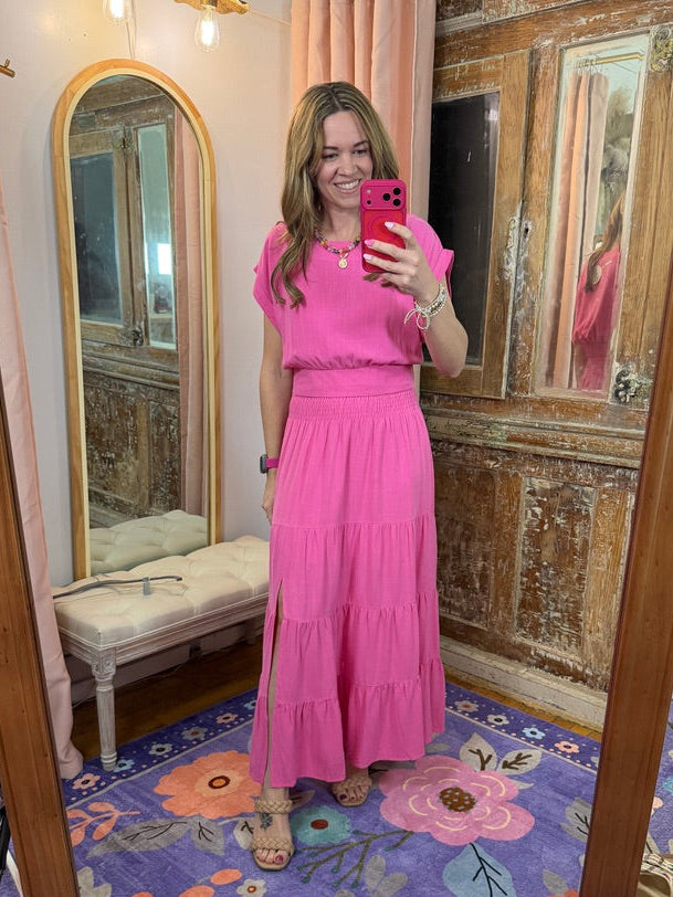 Two Piece Fuchsia Linen Skirt Set