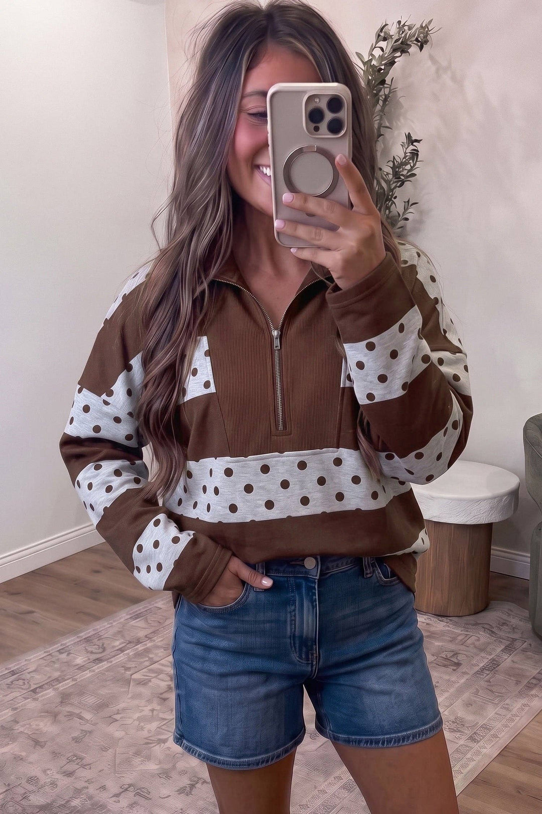 Brown Stripe Patchwork Polka Dot Accent Quarter Zip Long Sleeve Top: Brown Stripe / 100%Polyester / L
