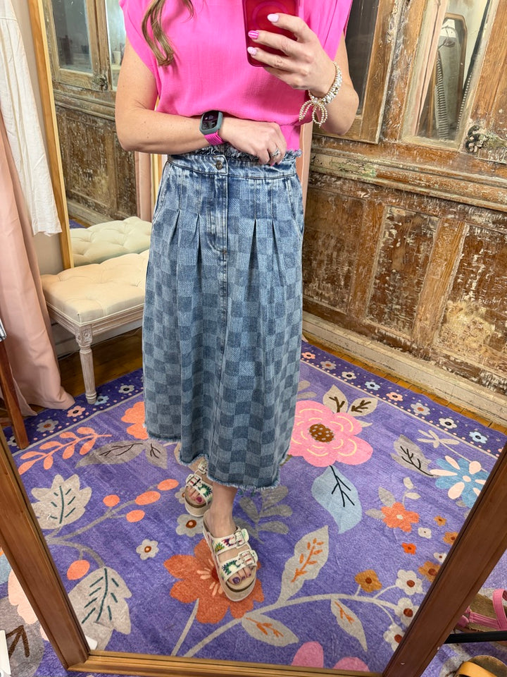 Washed Checkered Denim Midi Skirt