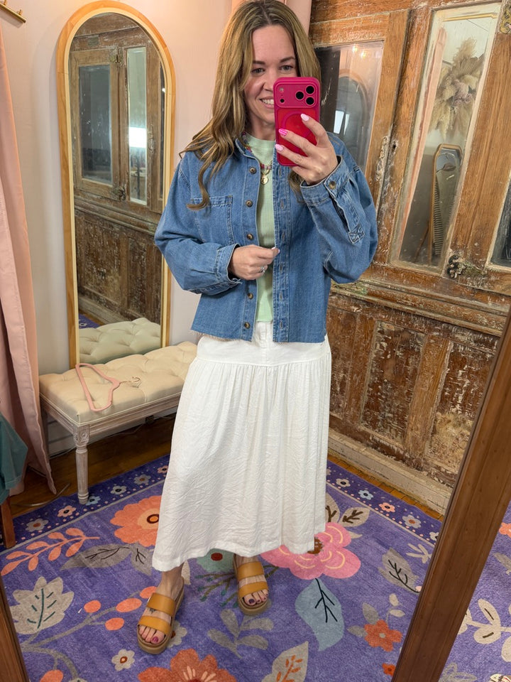 Fuzed Fabric White Maxi Skirt