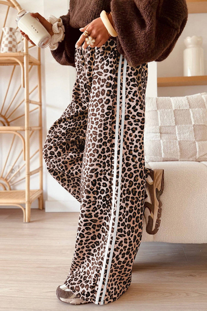 Beige Leopard Print Side Striped Detail Casual Wide Leg Pants: Beige / 100%Polyester / L