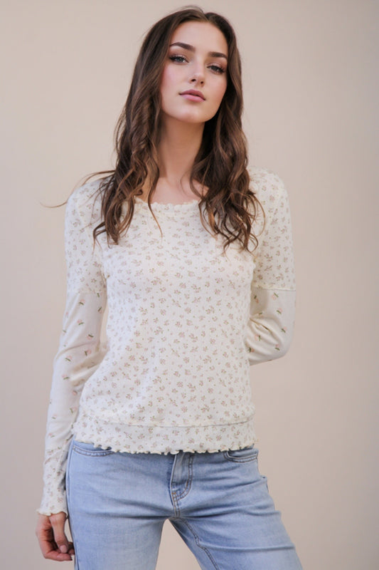 Floral Printed Lettuce Hem Fitted Knit Top