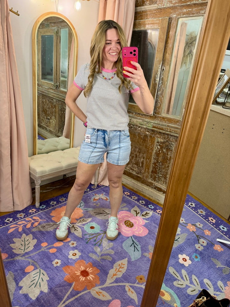 Striped Knit Tee- Pink/Black/White