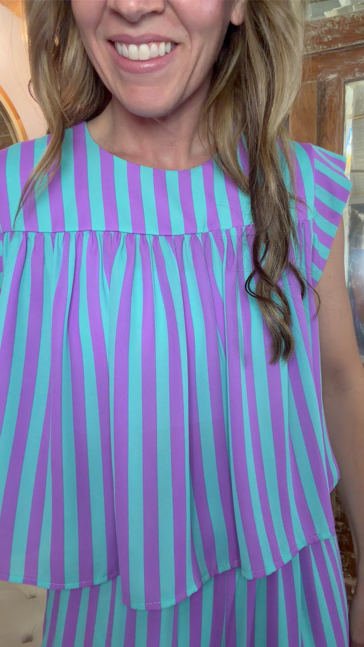 Purple Rain Stripe Flutter Top
