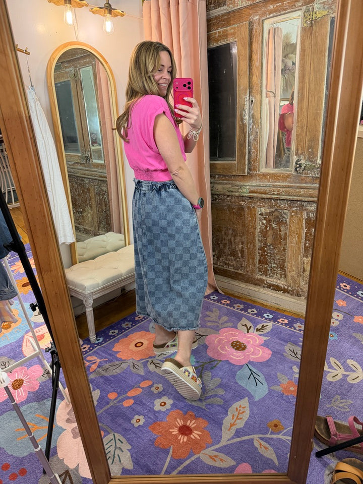 Washed Checkered Denim Midi Skirt