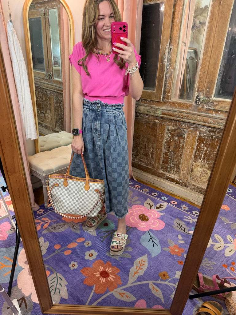Washed Checkered Denim Midi Skirt