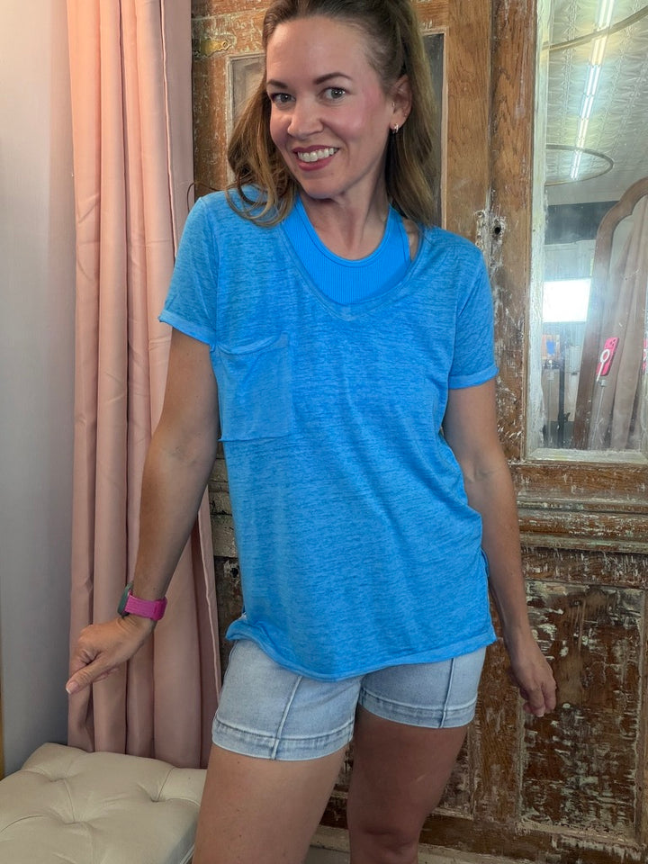 Laid Back Luxe Burnout Pocket Tee - Blue